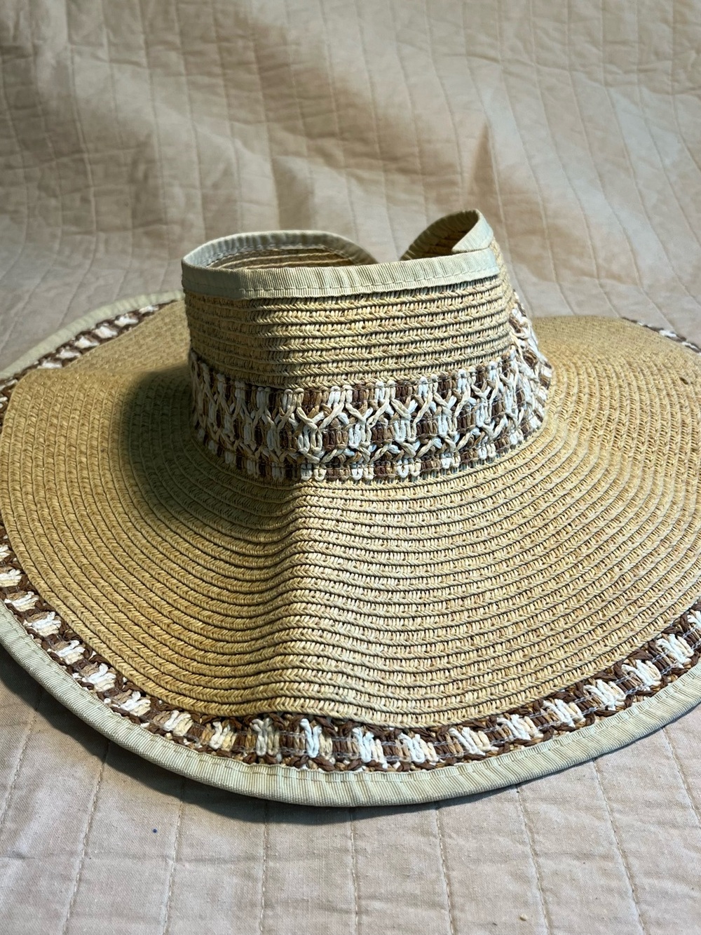 AMIANI Wide Brim Woven Straw Sun Hat Boho Natural Tan Textured Band One Size